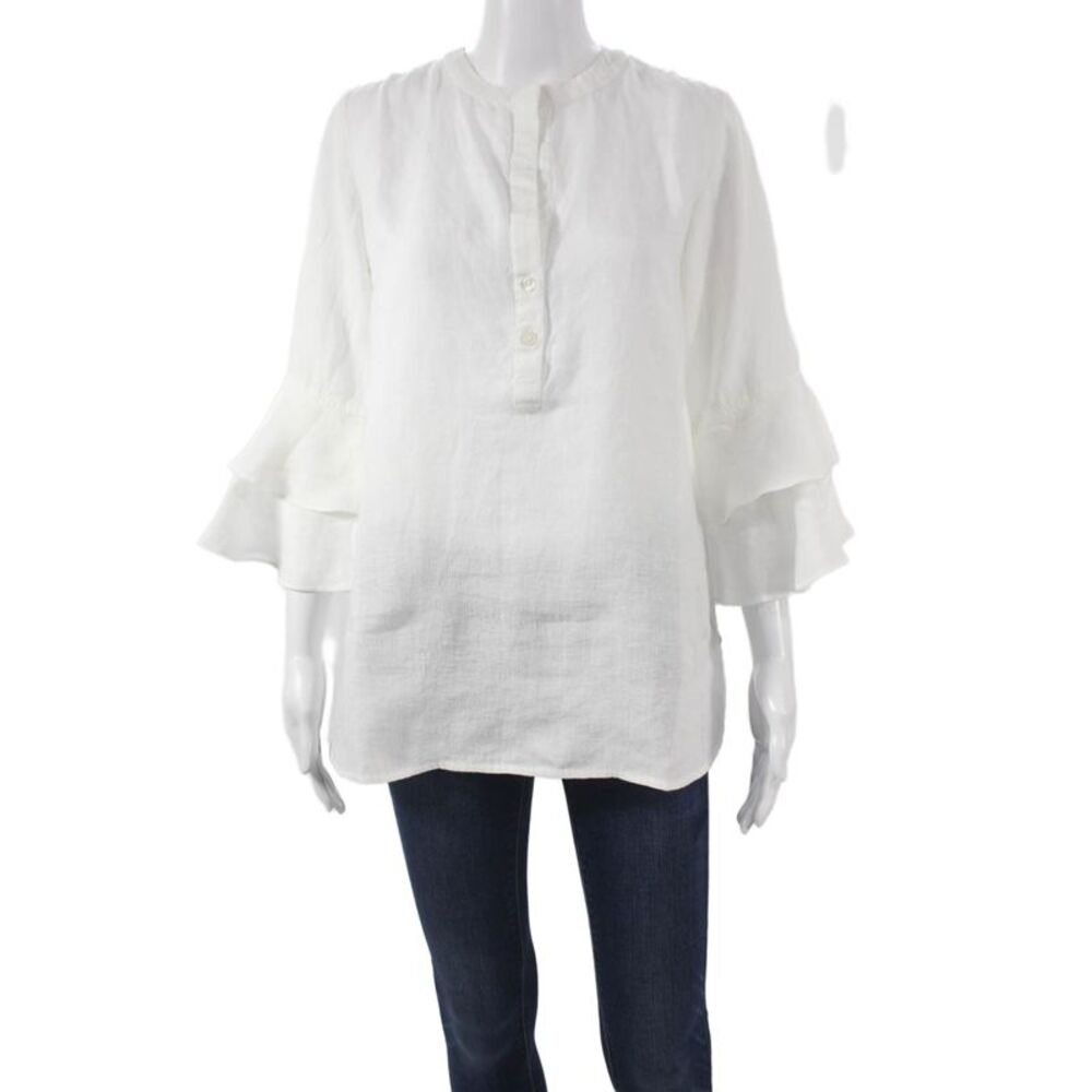 Madison Mathews Womens White Linen Henley Tunic 3/4 Sleeve Size XS